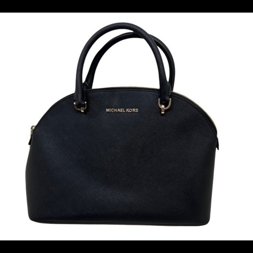 Michael Kors black Emmy Large Dome Satchel handles structured leather gold